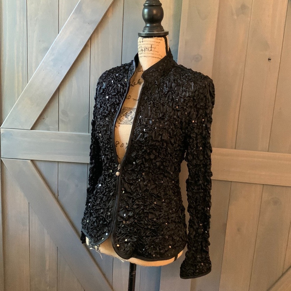 MSK Black Sequined Full zip Pucker Ruffle Jacket Top